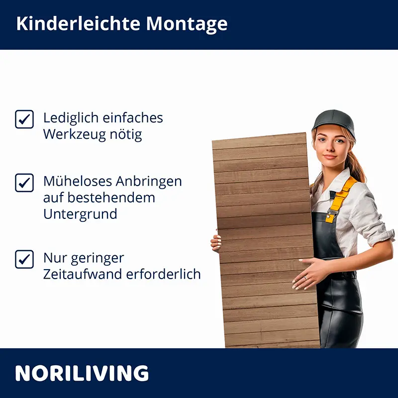 Frau im Arbeitsoutfit hält Holzpaneel, Montagehinweise