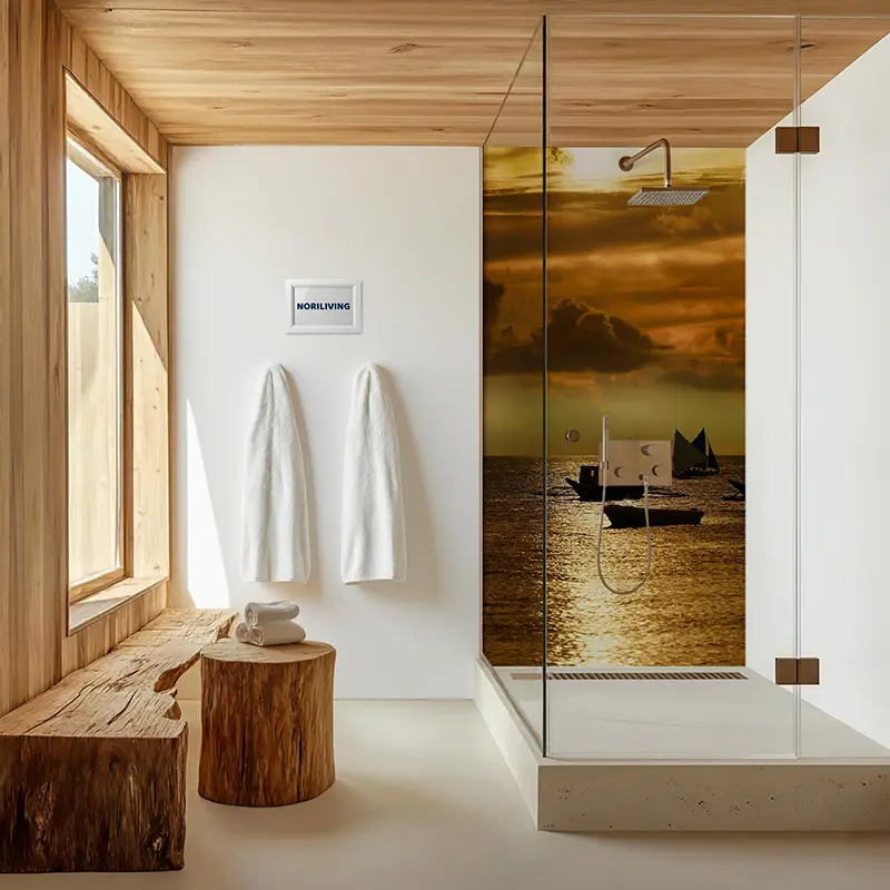 Dusche mit Sonnenuntergang-Motiv und Holzdetails