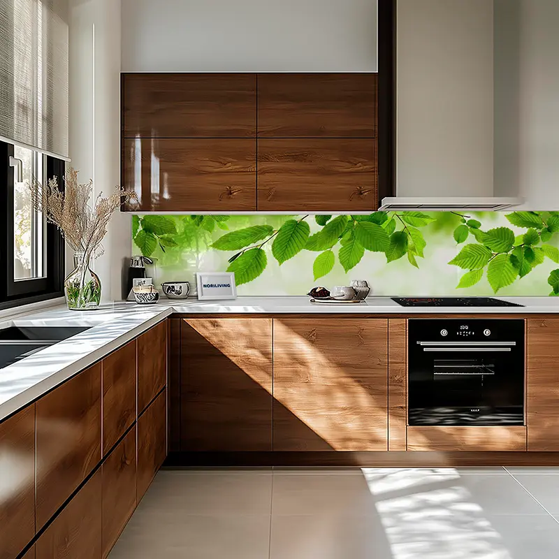 Helle Küche mit Holzschränken und grünem Blättermotiv