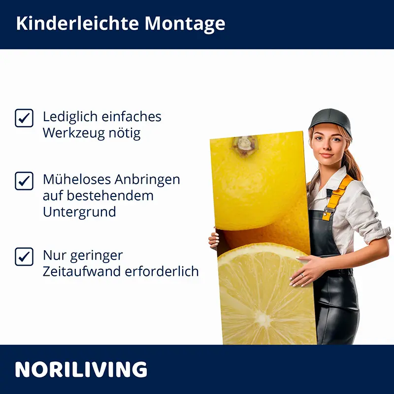 Werbebild: Montagehinweise und Frau mit Zitronen-Panel