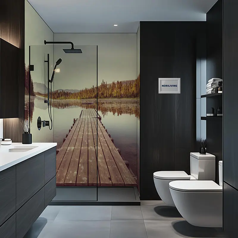 Modernes Badezimmer mit Glasdusche und Steg-Fototapete