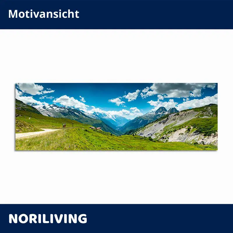 Panoramabild Alpenwiese, Berge und blauer Himmel