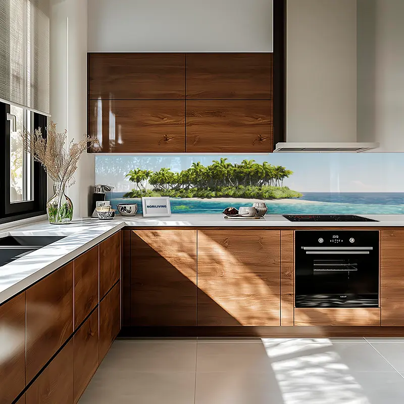 Helle Küche mit Holzschränken und Insel-Meer-Motiv