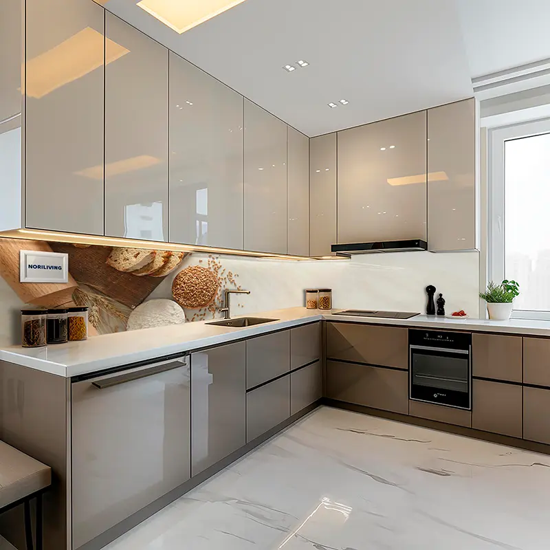 L-förmige graue Küche mit Marmorboden und Rückwand