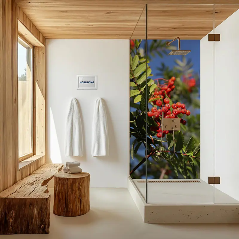 Glas-Duschwand mit Vogelbeer-Motiv