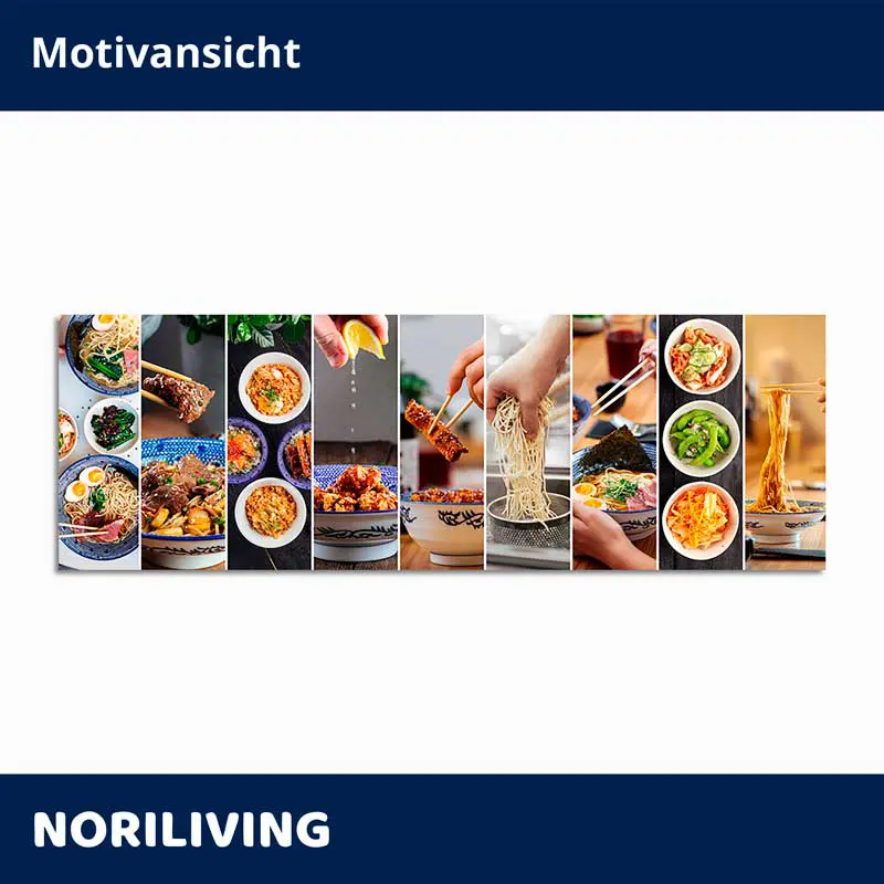 Bunte Collage mit Ramen, Beilagen und Essstäbchen