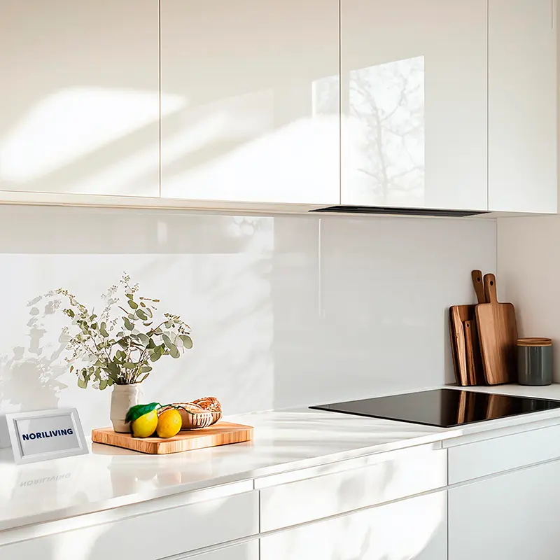 Helle minimalistische Küche mit Holzbrett, Zitrusfrüchten