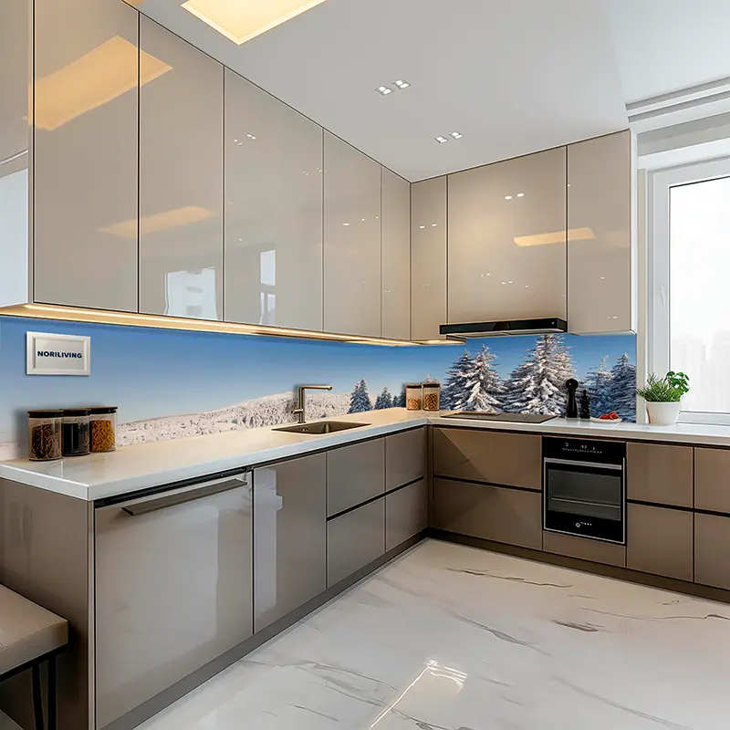 Helle Eckküche mit Schneelandschaft-Spritzschutz