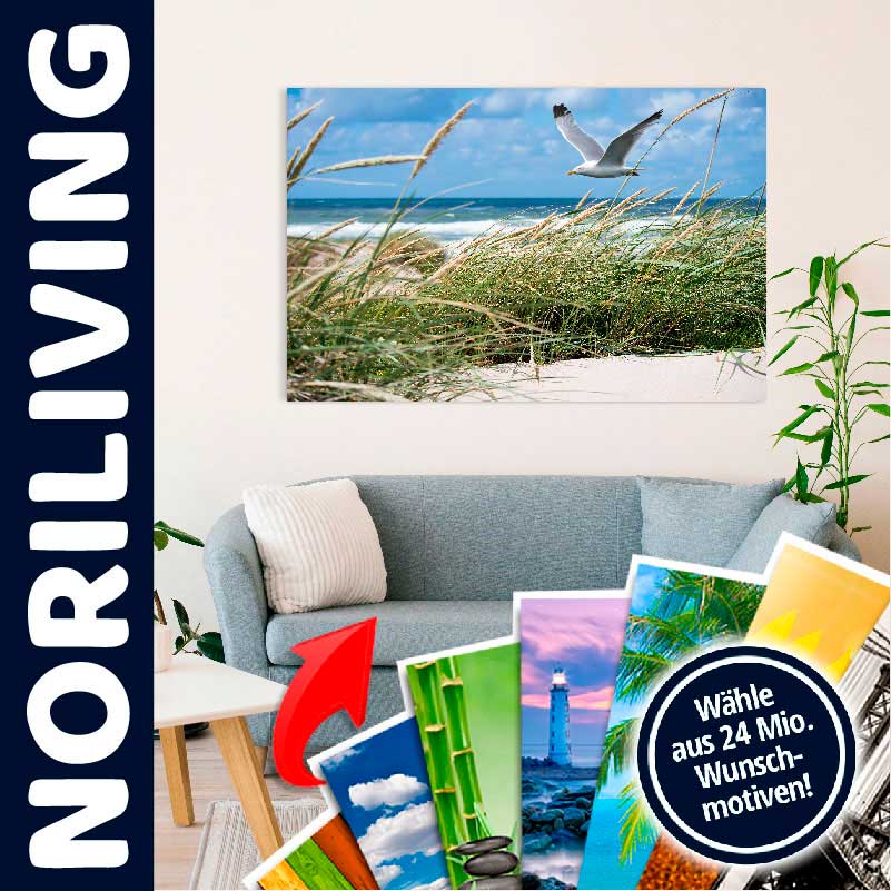 Gemütliches Wohnzimmer mit Sofa und Wandbild von einer Möwe am Strand. Wählen Sie aus 24 Millionen Wunschmotiven bei NORILIVING.