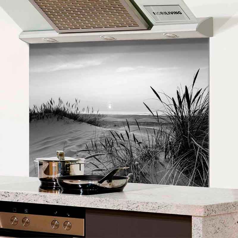 Spritzschutz Küche - Herd Alu Sonnenuntergang in den Dünen in Dänemark 321 schwarz-weiß