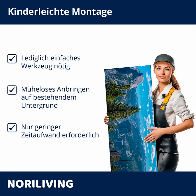 Frau in Arbeitskleidung hält großes Landschaftspanel