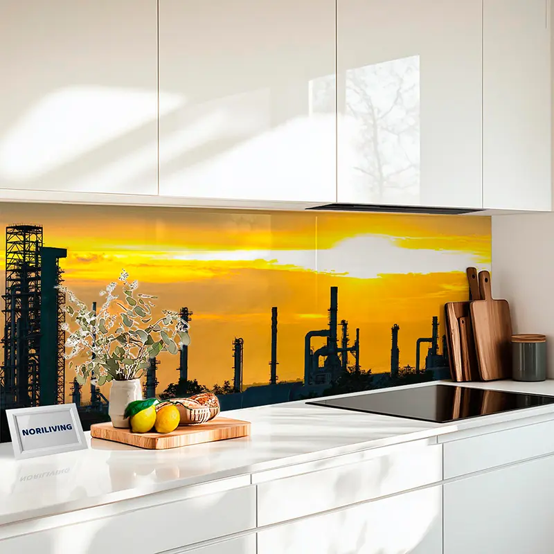 Küchenrückwand Glas Raffinerie-Silhouette bei Sonnenuntergang 369