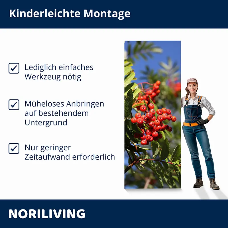 Frau mit Wandbild und Hinweise zur einfachen Montage