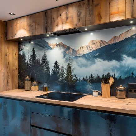 Küche mit moderner Einrichtung und Rückwand mit Alpenmotiv. Holzmöbel und stilvolle Dekoration.