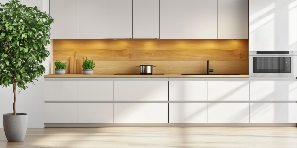 Minimalistische weiße Küche mit Holzrückwand und Pflanze