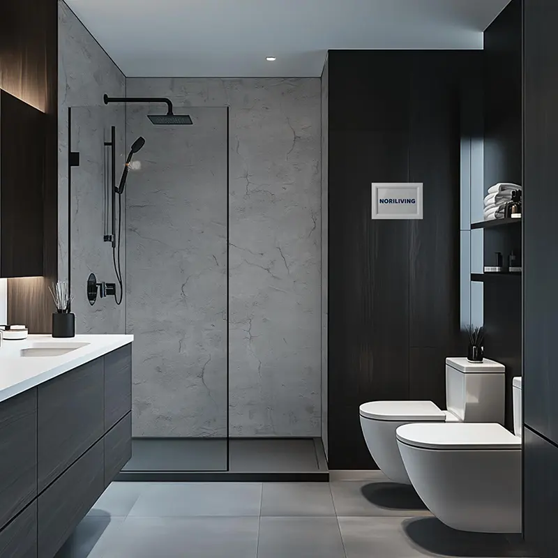 Stylisches graues Bad mit Walk-in Dusche und WC