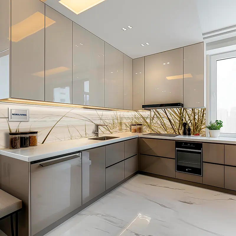 L-förmige Küche mit Hochglanz-Fronten und Grasmotiv