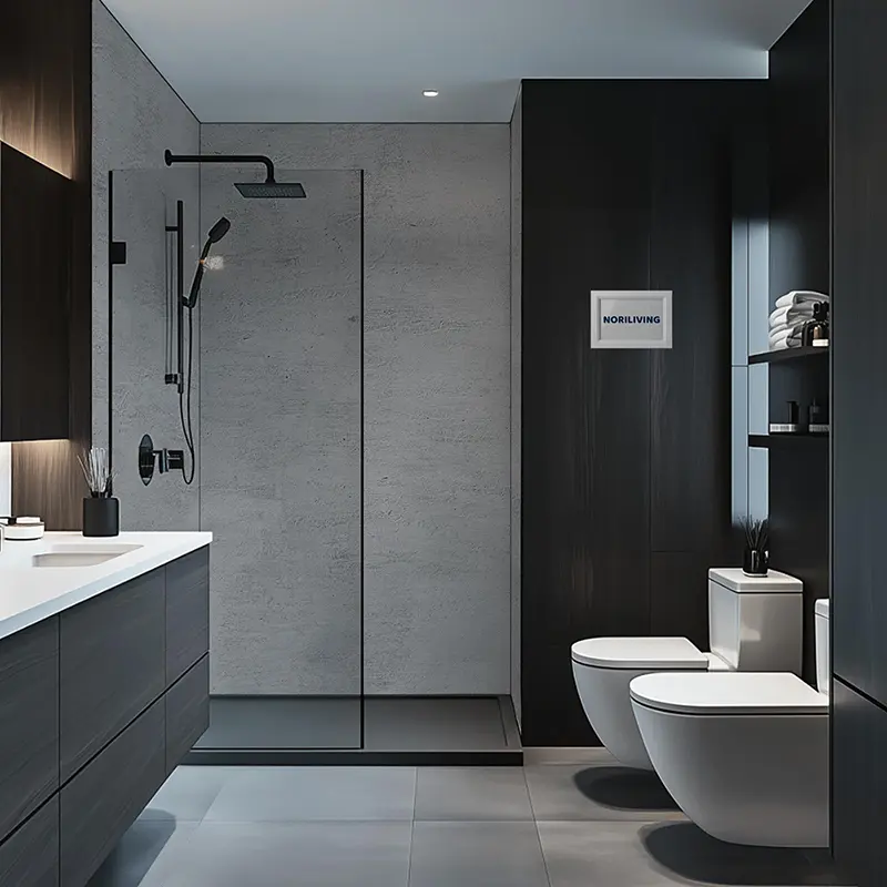 Gestyltes Bad mit Glasdusche, schwarzen Armaturen