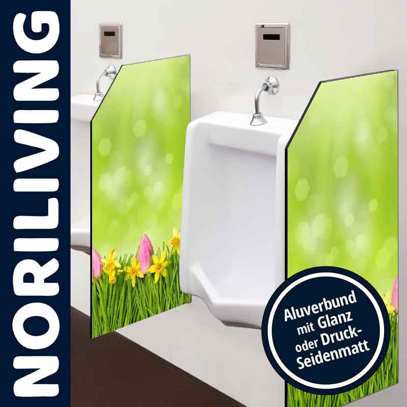 Urinaltrennwand mit buntem Frühlingsmotiv, Aluverbund, glanzend oder seidenmatt bedruckt, im Badezimmer installiert