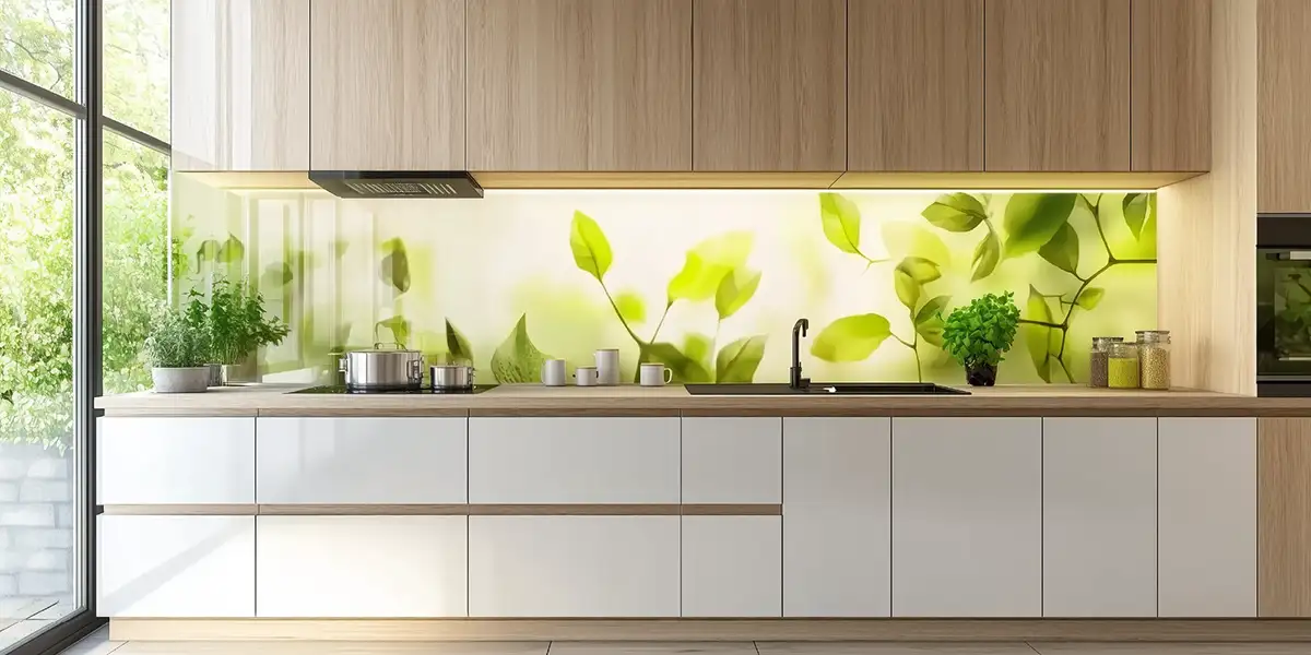 Helle Küche mit Holzschränken und Blatt-Motiv-Rückwand