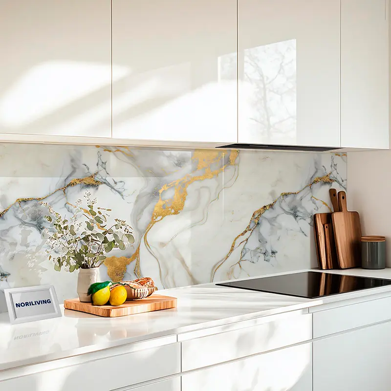Küchenrückwand Echtglasoptik Profiline Marmor hellgrau mit goldfarbigen Einschlüssen 059