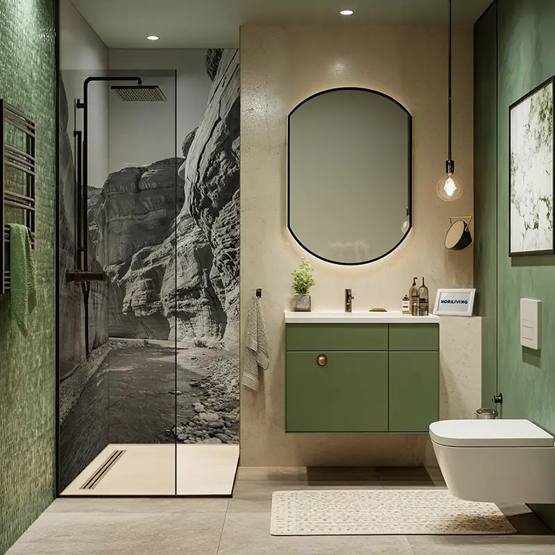 Wandwaschbecken, grüner Unterschrank und Glasdusche