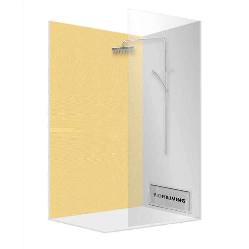 Eckdusche mit Regenbrause, Glaswand und gelber Platte