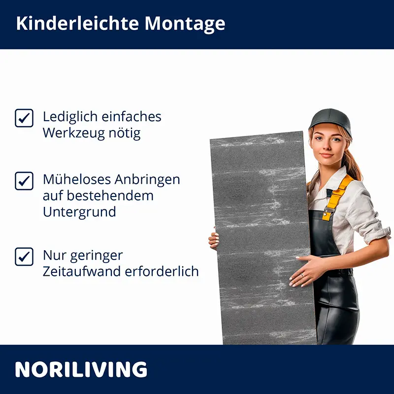 Frau mit Wandpaneel zeigt kinderleichte Montage