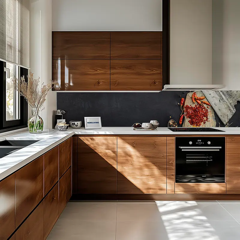 Küche mit Holzfronten, weißer Arbeitsplatte und Ofen