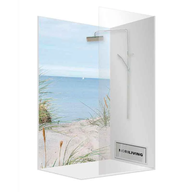 Eckdusche mit Glaswand und Strandfoto