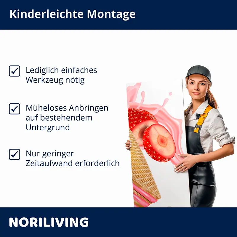 Frau mit Wandbild Erdbeer-Eis zeigt einfache Montage