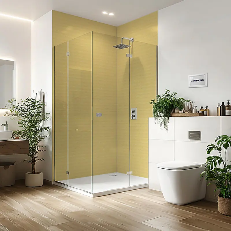 Eck-Duschkabine aus Glas mit Regenbrause und Pflanzen