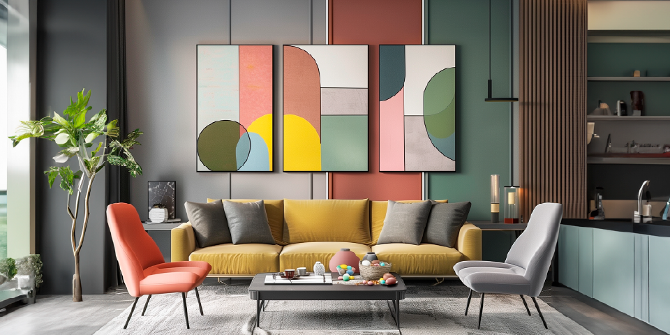 Helles Wohnzimmer mit gelbem Sofa und bunten Bildern