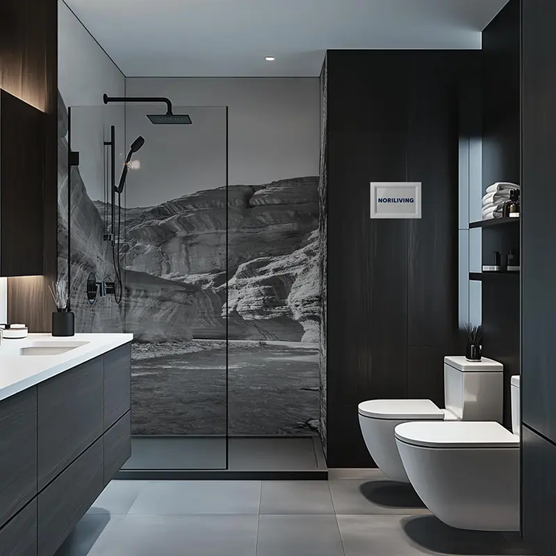 Dunkles Design-Bad mit freistehender Glasdusche