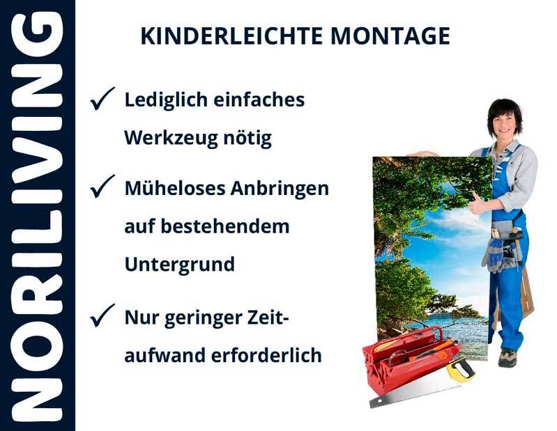 Frau präsentiert Noriliving-Produkt mit einfacher Montage, minimalem Werkzeugbedarf und geringem Zeitaufwand