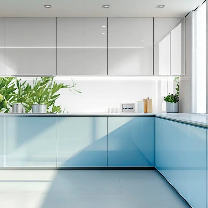 Helle L-förmige Küche weiß-blau mit Pflanzen