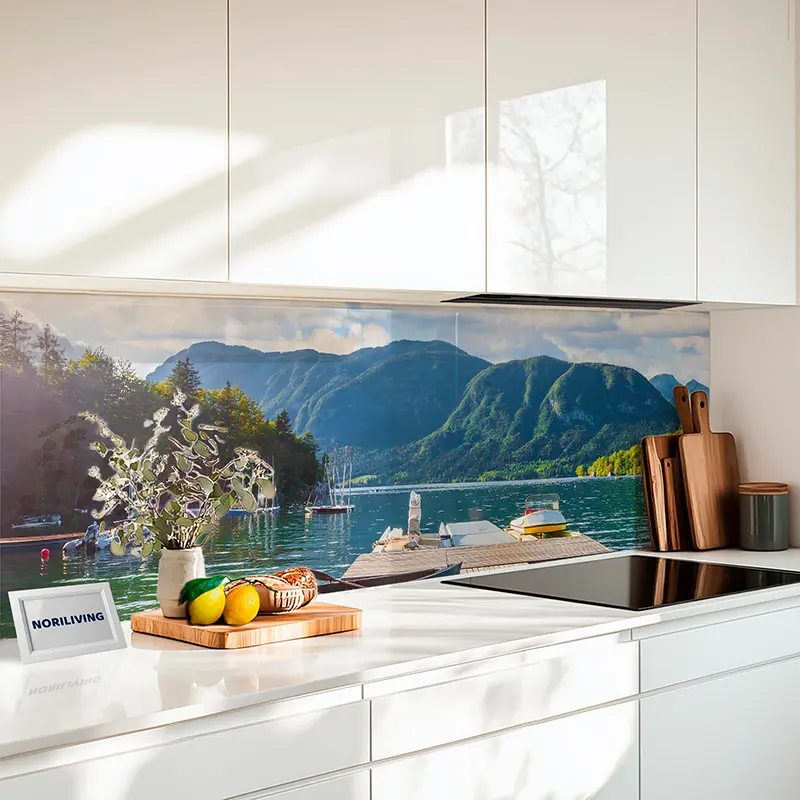 Küchenrückwand Glas mit See- und Bergpanorama
