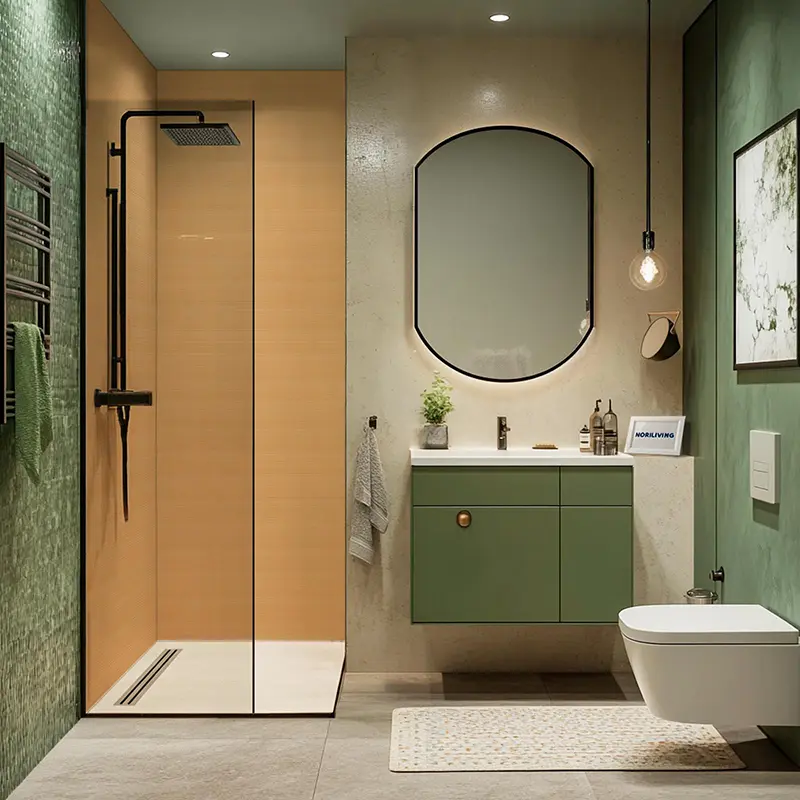 Modernes Badezimmer mit grünem Waschtisch und Dusche