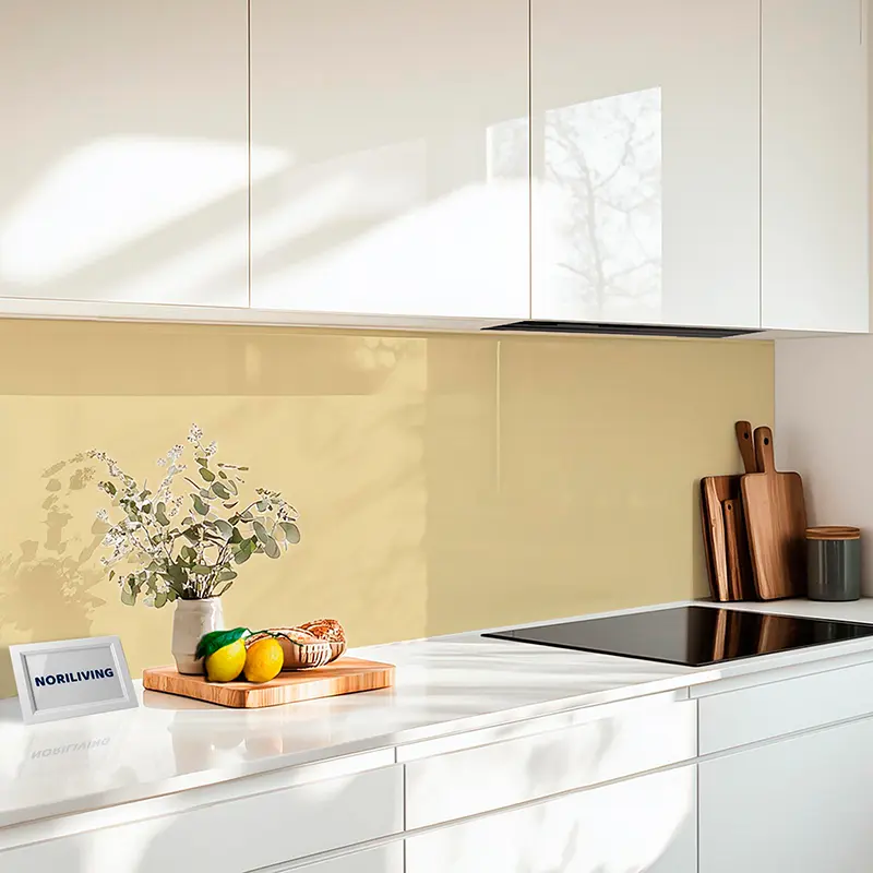 Weiße Einbauküche mit Schneidebrett und Zitronen