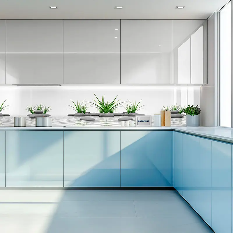 Minimalistische Küche mit Glasrückwand und Pflanzen