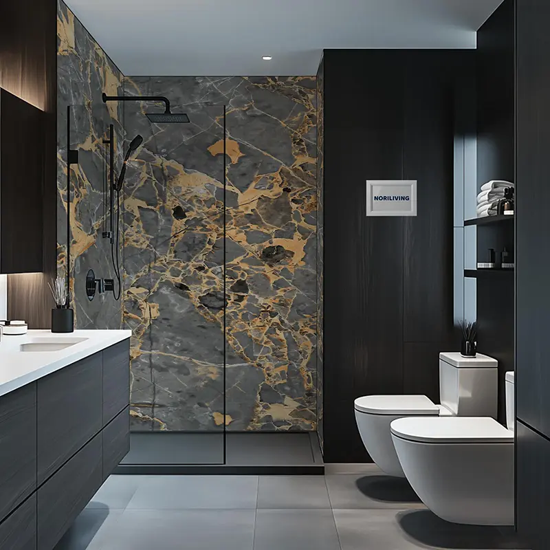 Duschrückwand Alu Marmor mittelgrau mit Rostakzenten 011