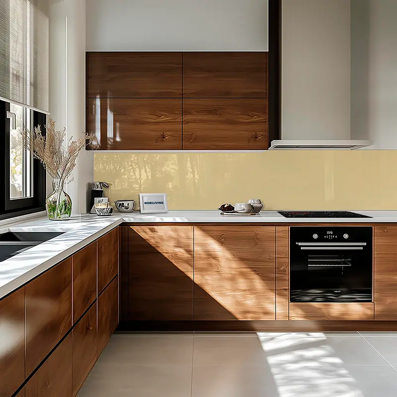 Helle L-förmige Küche mit Holzfronten und Herd