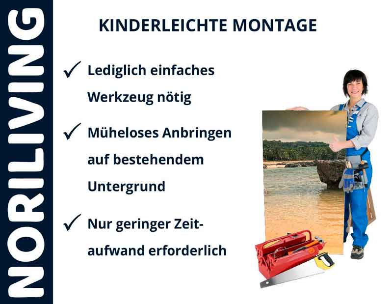 Ein Montageset von NORILIVING mit einfacher Werkzeuge und einer Frau, die ein Bild hält. Kindgerechte Befestigungslösungen werden hervorgehoben.