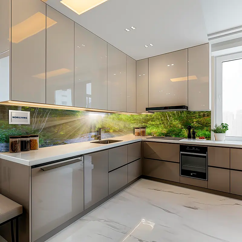 Elegante L-förmige Küche mit Glas-Naturmotiv