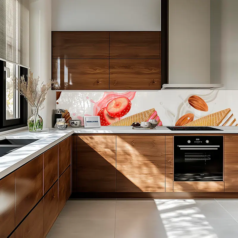 Holzküche mit buntem Erdbeer-Waffel-Glasrückwand