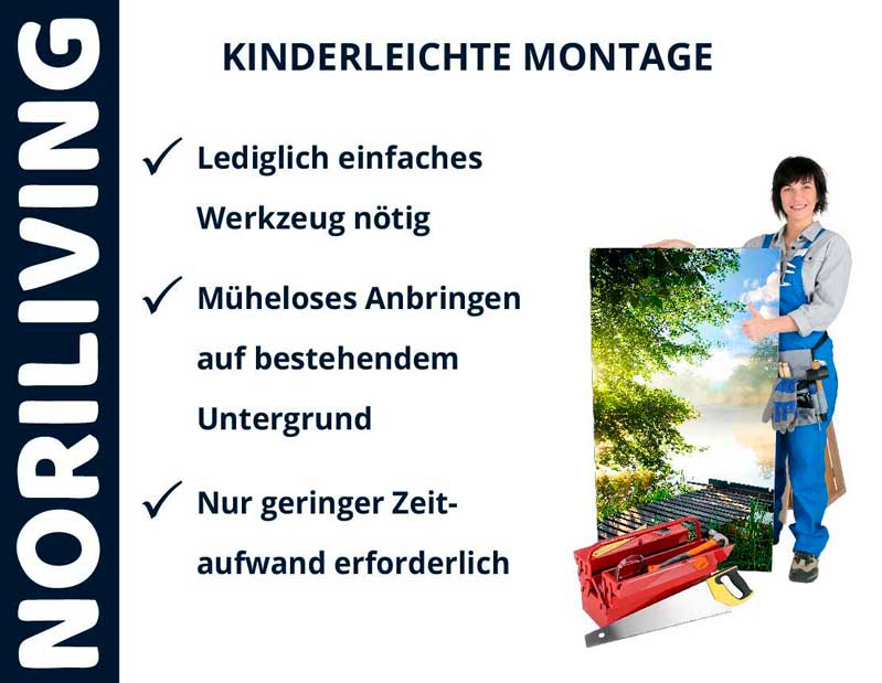 Plakat mit Tipps zur kinderleichten Montage von Noriliving, Frau hält ein Landschaftsbild, neben Werkzeugkasten.