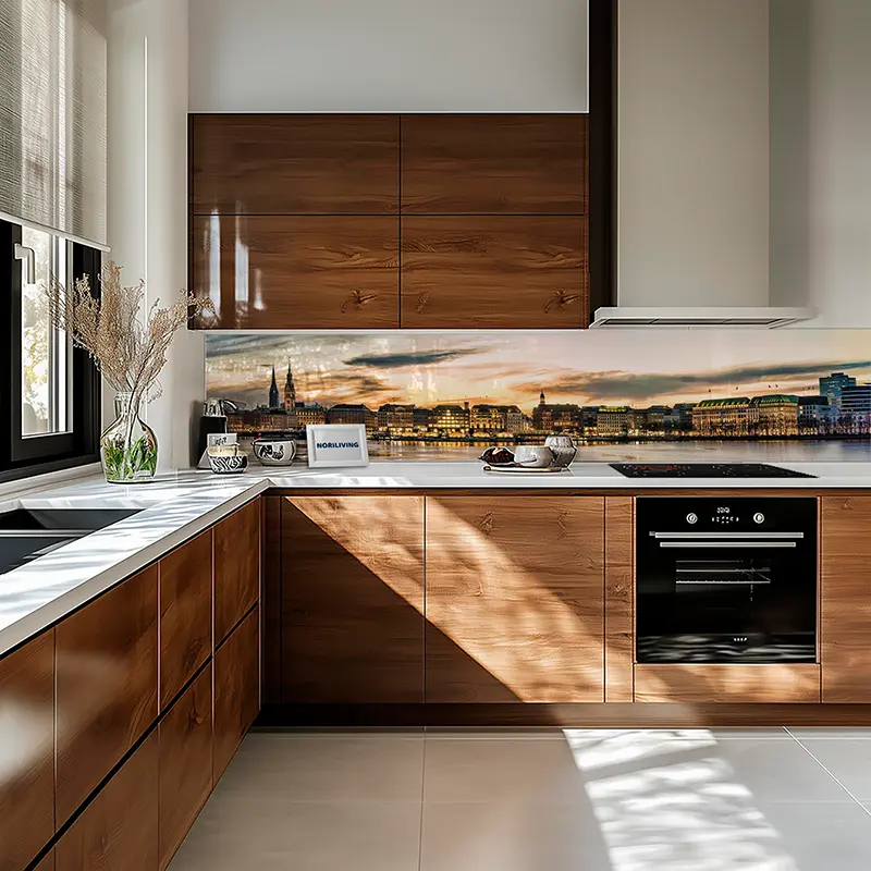Moderne Einbauküche mit Holzmöbeln und Stadtmotiv