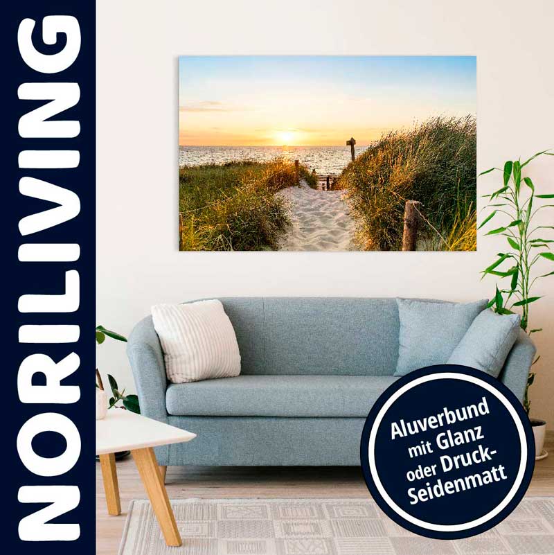 Ein gemütliches Wohnzimmer mit einem blauen Sofa, dekoriert mit einem Wandbild eines Sonnenuntergangs am Strand auf Aluverbund.