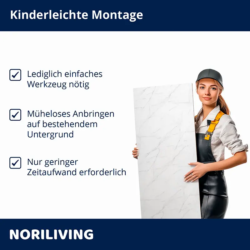 Frau hält Marmor-Platte; Hinweise zur kinderleichten Montage