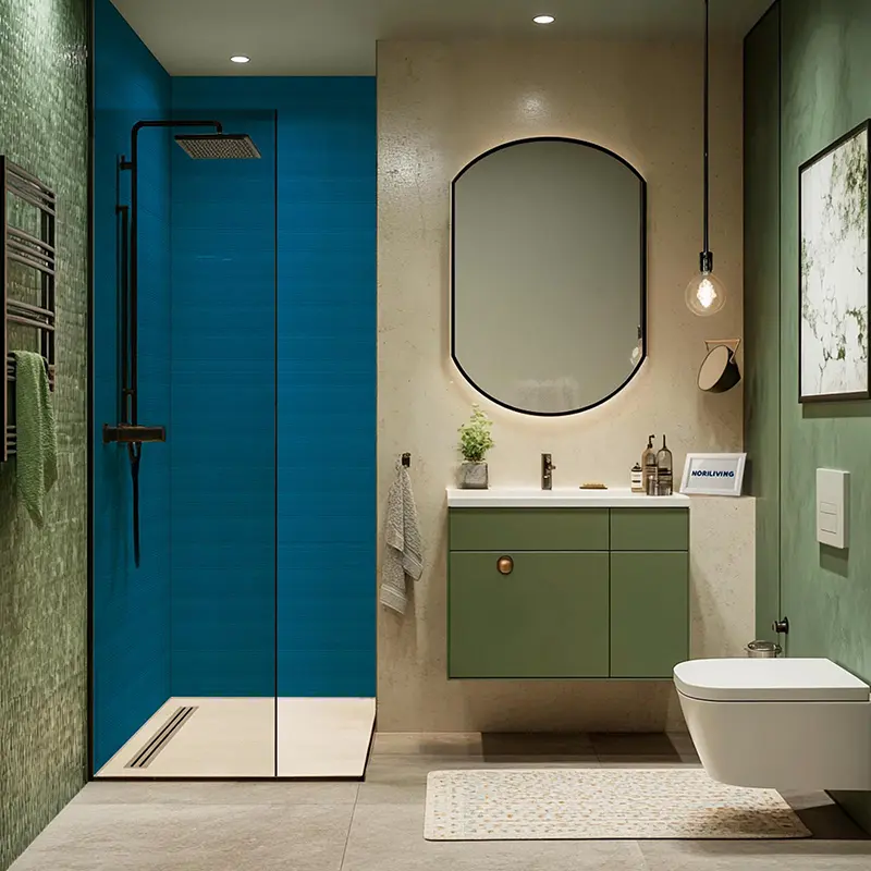 Stylisches Bad mit LED-Spiegel, grünem Schrank, Dusche